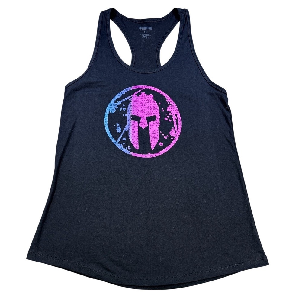 Spartan Race Womens XL Black Racerback Tank Top Pink Blue Logo Graphic Fitness